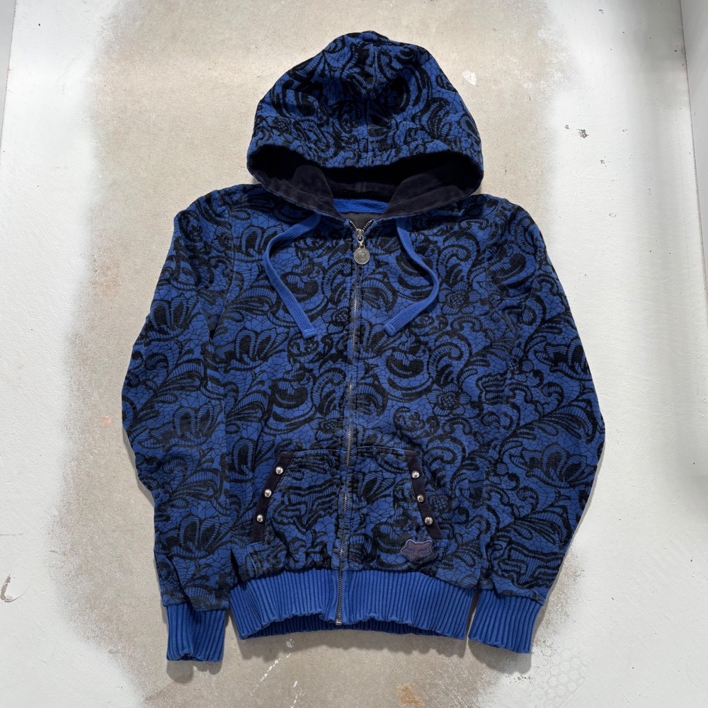 Fox Racing Womens Blue Black Lace Filigree Full Zip Hoodie Sweatshirt Studded M